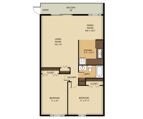A floor plan of a house with a balcony, two bedrooms, a living room, a dining room, a kitchen, a bathroom, and a laundry area.